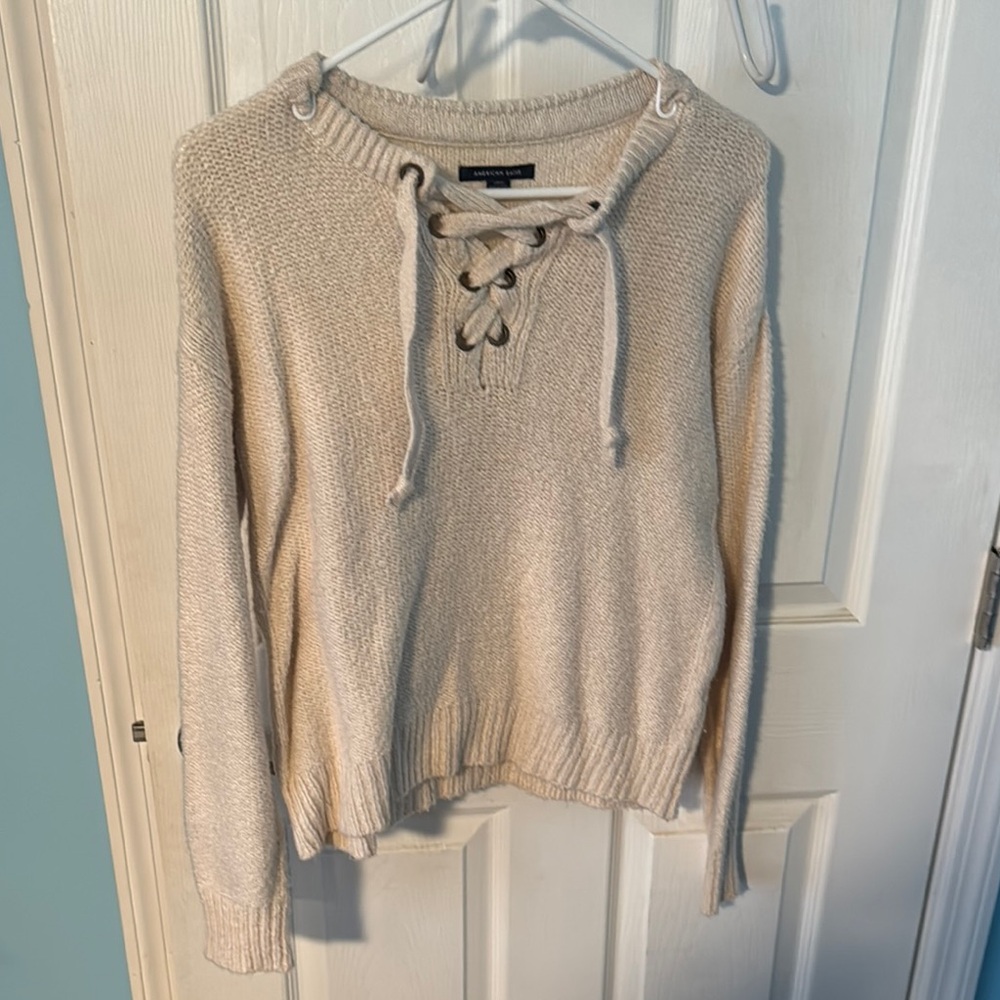 Cream Sweater with Lace-Up Detail